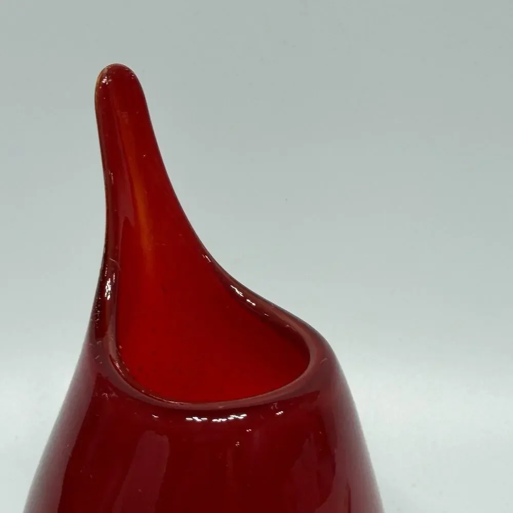 Vtg Red Seeded Art Glass Swung Finger Pitcher Vase Hand Blown 7